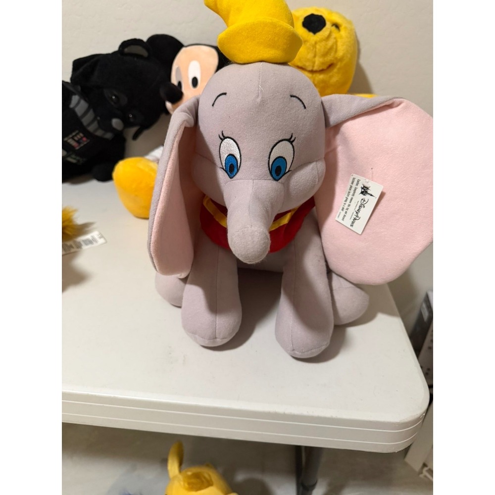 Disney Parks Dumbo Plush Elephant Stuffed Animal Toy Grey‎ Pink Ears Yellow Hat